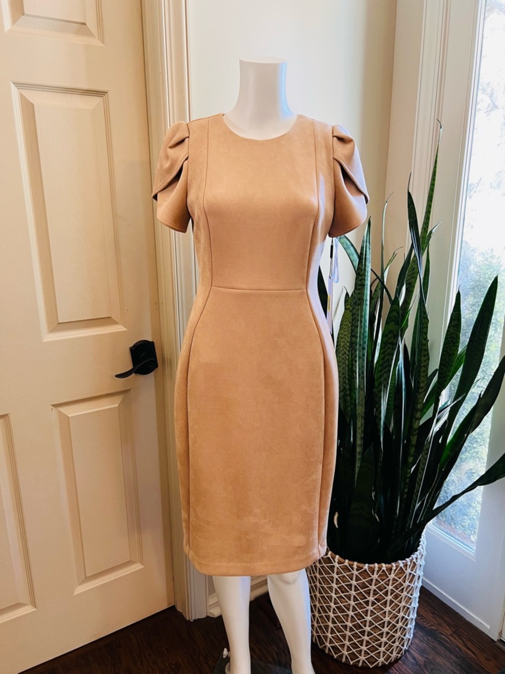 Calvin Klein Faux Suede Sheath Dress Size 4 NWT Tulip Sleeve Camel Tan